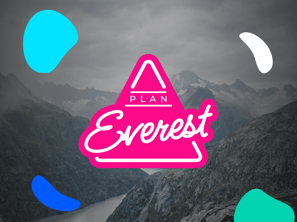 A mountain landscape with a pink triangle with a river and blue and white spots.